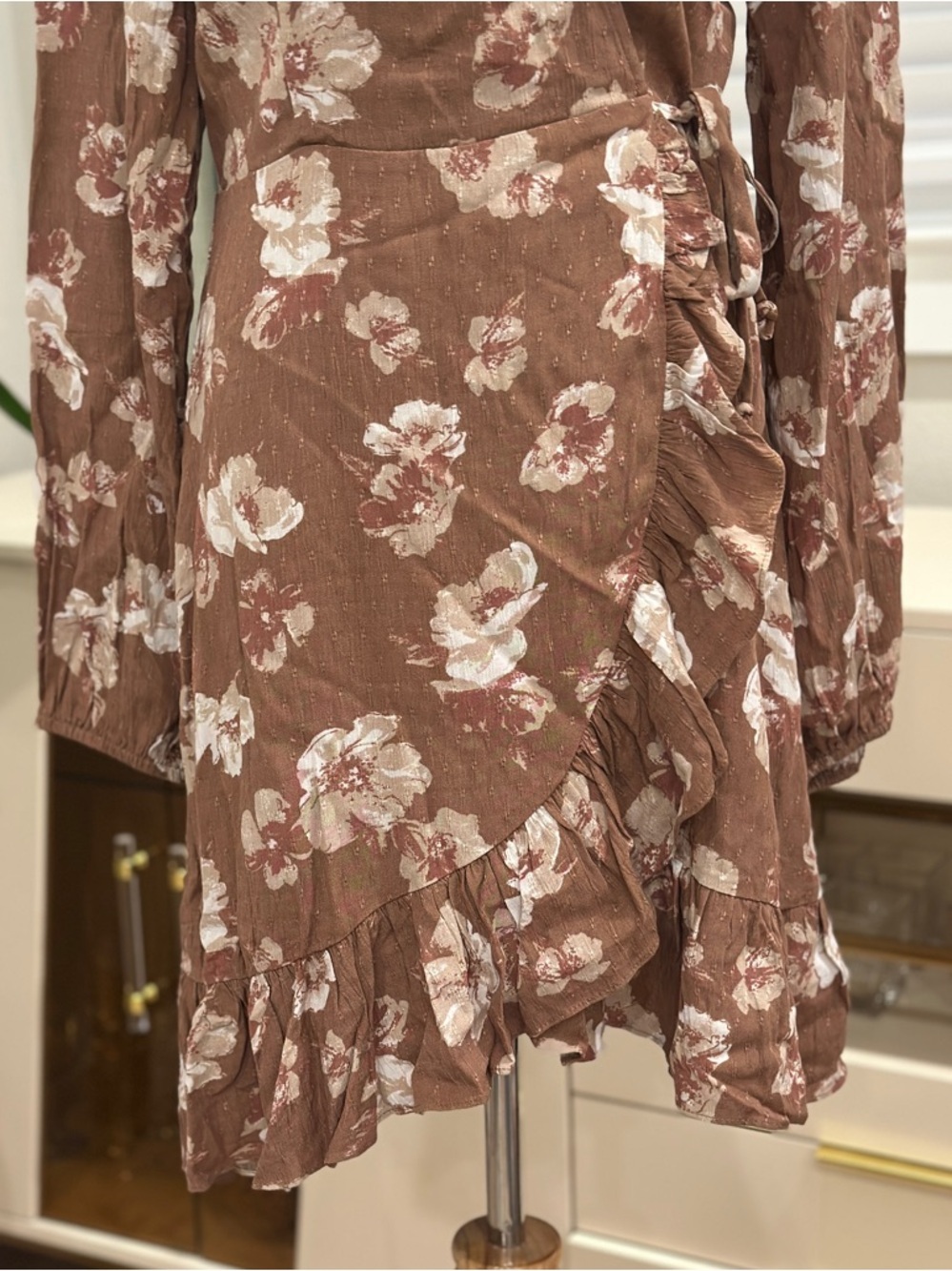 Altar'd State Brown Floral Wrap Dress with Ruffle Hem - Picture 5 of 11